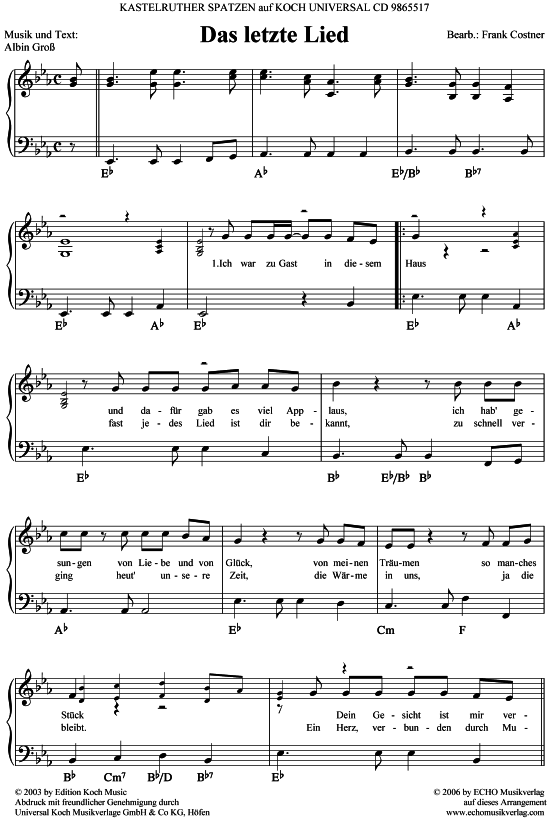 Das letzte Lied (Klavier Gesang  Gitarre) von Kastelruther Spatzen