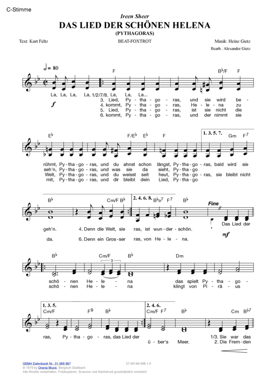 Das Lied der sch ouml nen Helena (Pythagoras) (Melodie-Stimmen in C B Es) (Stimmen in C B Es) von Ireen Sheer