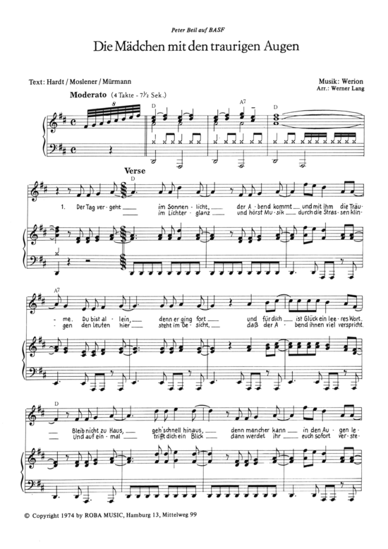 Das M auml dchen mit den traurigen Augen (Klavier + Gesang) (Klavier Gesang  Gitarre) von Peter Beil