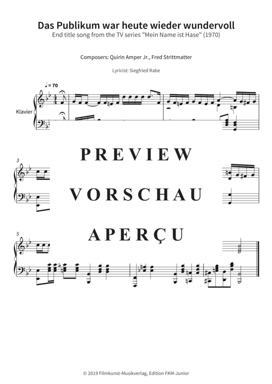 Das Publikum war heute wieder wundervoll - End title song from the TV series Mein Name ist Hase (1970) (Klavier Solo) (Klavier Solo) von Fred Strittmatter Quirin Amper Jr.