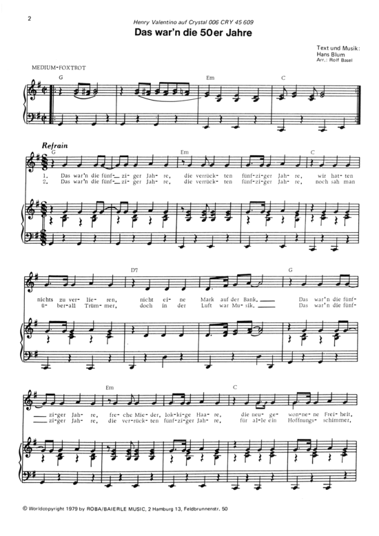 Das warn die 50er Jahre (Klavier + Gesang) (Klavier Gesang  Gitarre) von Hans Blum Rolf Basel