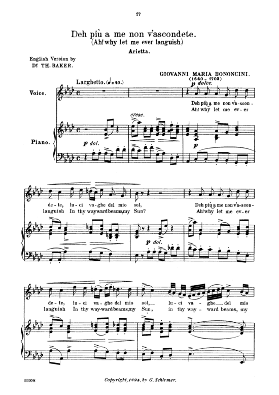 Deh pi a me non v ascondete (Gesang mittel + Klavier) (Klavier  Gesang mittel) von Giovanni Maria Bononcini