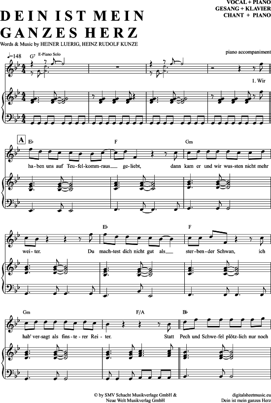 Dein Ist Mein Ganzes Herz (Klavier Begleitung + Gesang) (Klavier Gesang  Gitarre) von Heinz Rudolf Kunze