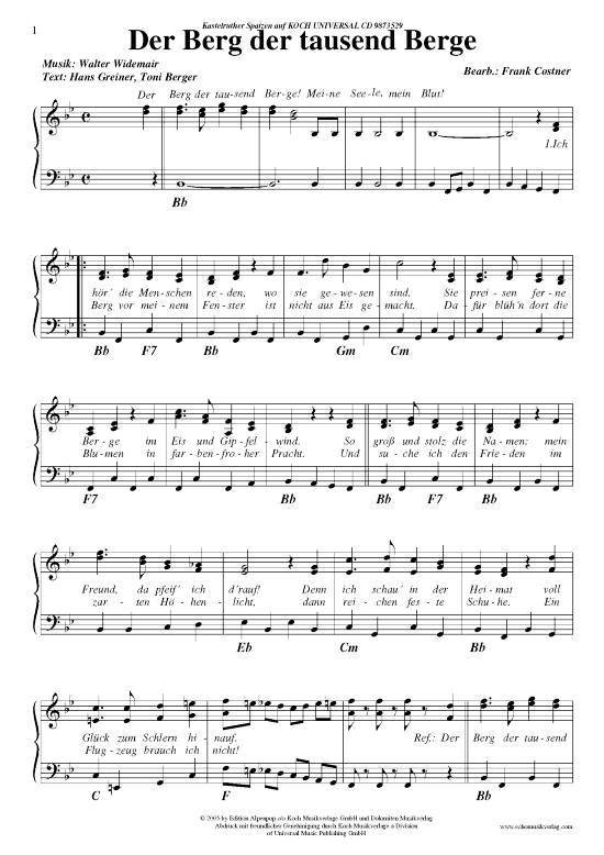 Der Berg der tausend Berge (Klavier Gesang  Gitarre) von Kastelruther Spatzen