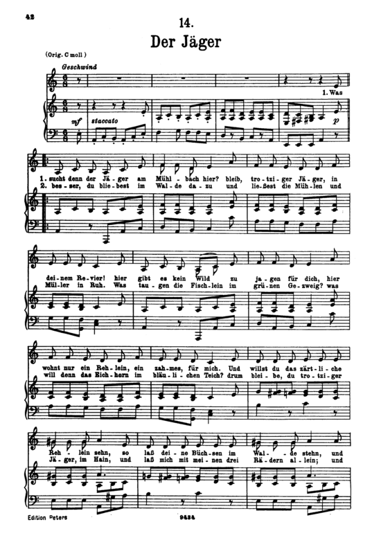 Der J auml ger D.795-14 (Die Sch ouml ne M uuml llerin) (Gesang tief + Klavier) (Klavier  Gesang tief) von Schubert Franz