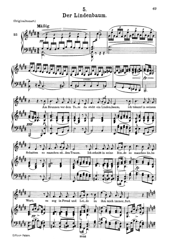Der Lindenbaum D.911-5 (Winterreise) (Gesang mittel + Klavier) (Klavier  Gesang mittel) von Schubert Franz