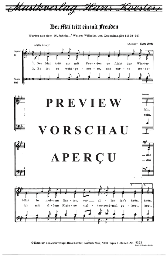 Der Mai tritt ein mit Freuden (Gemischter Chor) (Gemischter Chor) von Der Chorsatz wurde auf Wunsch von Prof. Gerhard Schmidt-Gaden f uuml r seinen T ouml lzer Knabenchor erstellt.