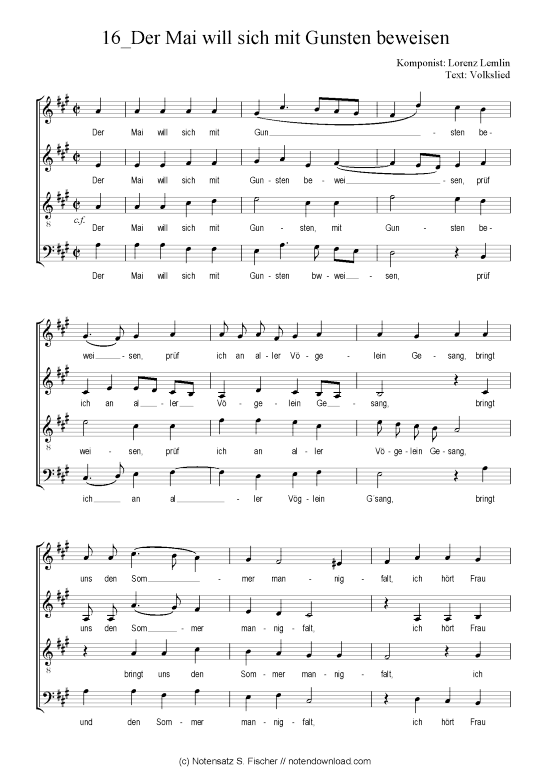 Der Mai will sich mit Gunsten beweisen (Gemischter Chor) (Gemischter Chor) von Lorenz Lemlin  Volkslied