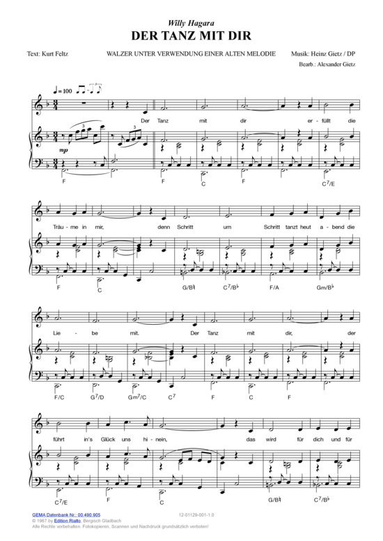 Der Tanz mit dir (Klavier + Gesang) (Klavier Gesang  Gitarre) von Willy Hagara