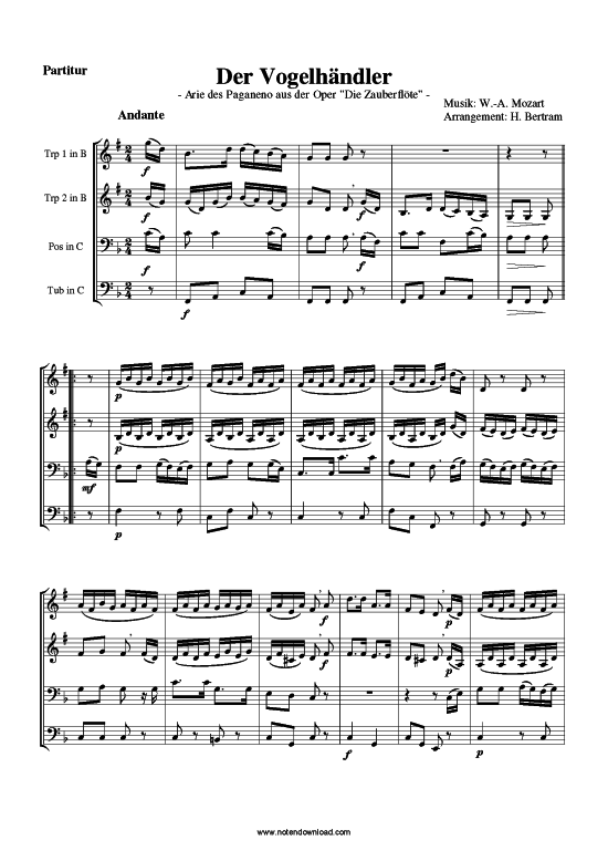 Der Vogelh auml ndler (Blechbl auml serquartett 2 Trp (B) Pos TenH Tub) (Quartett (Blech Brass)) von W. A. Mozart (Papageno Arie gek uuml rzt)