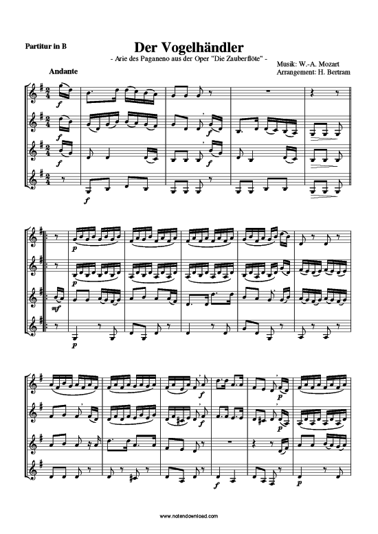 Der Vogelh auml ndler (Trompeten-Quartett) (Quartett (Trompete)) von W. A. Mozart (Papageno Arie gek uuml rzt)