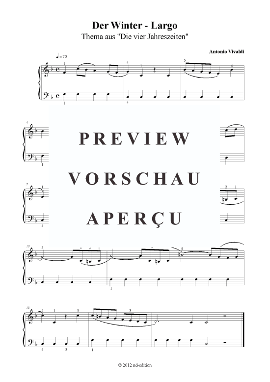 Der Winter (Klavier solo einfach) (Klavier einfach) von Antonio Vivaldi (Thema bearb. aus Die 4 Jahreszeiten)