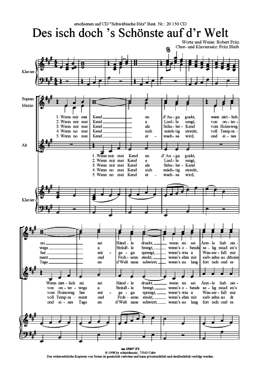 Des isch doch 146 s Sch ouml nste auf d 146 r Welt (Frauenchor) (Frauenchor) von schw auml bisches Lied im Dialekt