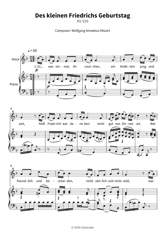 Des kleinen Friedrichs Geburtstag - KV 529 (Gesang + Klavier) (Klavier  Gesang) von Wolfgang Amadeus Mozart