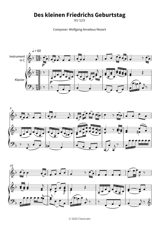 Des kleinen Friedrichs Geburtstag - KV 529 (Instrument in C + Klavier) (Klavier  Melodieinstr.) von Wolfgang Amadeus Mozart