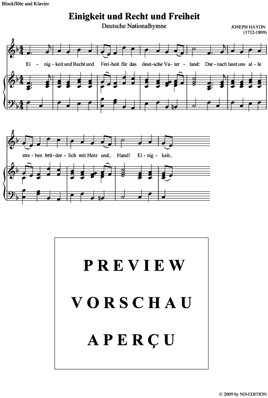 Deutsche Nationalhymne (Blockfl te + Klavier) (Klavier  Blockfl te) von Joseph Haydn