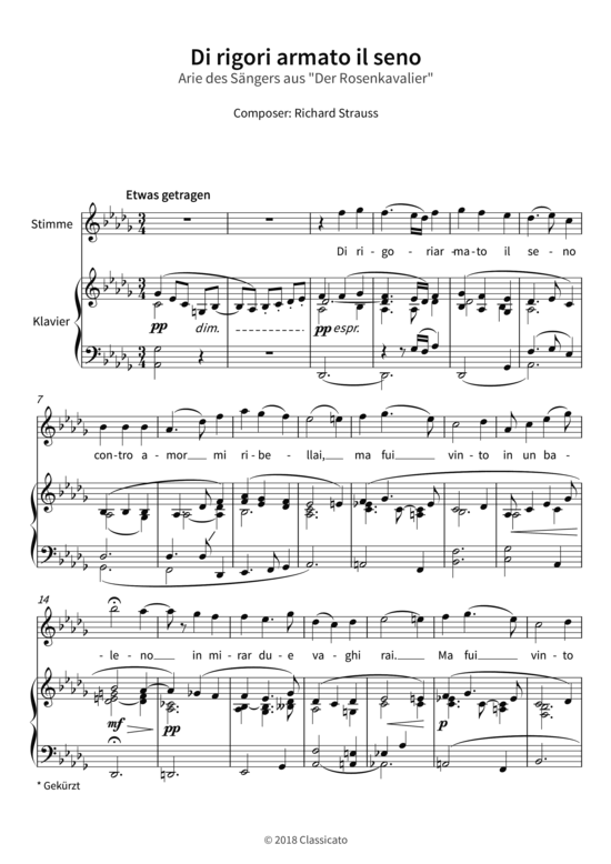 Di rigori armato il seno - Arie des S ngers aus Der Rosenkavalier (Gesang + Klavier) (Klavier  Gesang) von Richard Strauss