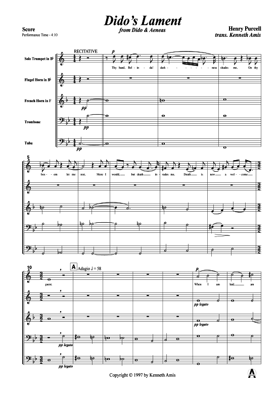 Dido s Lament (Blechbl auml serquintett) (Quintett (Blech Brass)) von Henry Purcell