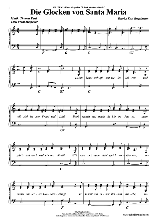 Die Glocken von Santa Maria (Klavier + Gesang) (Klavier Gesang  Gitarre) von Vreni Magreiter 