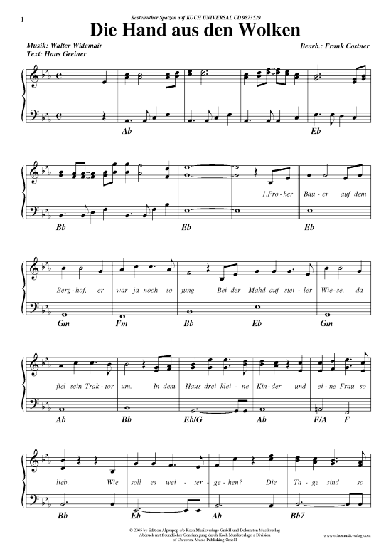 Die Hand aus den Wolken (Klavier Gesang  Gitarre) von Kastelruther Spatzen