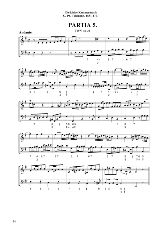 Die kleine Kammermusik (Partia 5 in E-Moll TWV 41 e 1) (Klavier Cembalo Orgel Solo) (Klavier Solo) von Georg Philipp Telemann