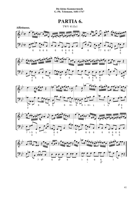 Die kleine Kammermusik (Partia 6 in Es-Dur TWV 41 Es 1) (Klavier Cembalo Orgel Solo) (Klavier Solo) von Georg Philipp Telemann