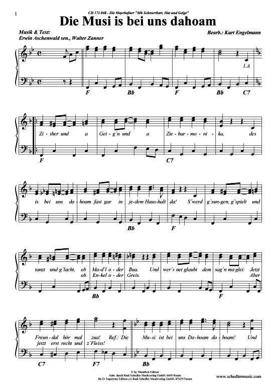 Die Musi ist bei uns dahoam (Klavier + Gesang) (Klavier Gesang  Gitarre) von Die Mayrhofner
