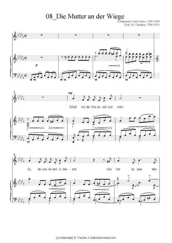 Die Mutter an der Wiege (Klavier + Gesang) (Klavier  Gesang) von Carl Loewe 1796-1869  M. Claudius 1740-1815