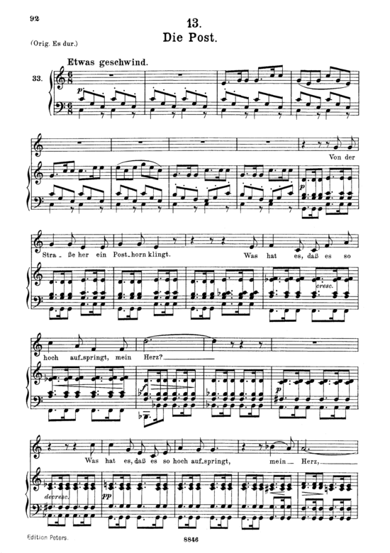 Die Post D.911-13 (Winterreise) (Gesang mittel + Klavier) (Klavier  Gesang mittel) von Schubert Franz