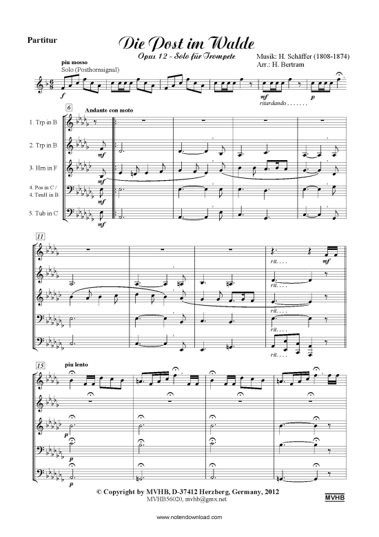 Die Post im Walde (Blechbl auml serquintett) (Quintett (Blech Brass)) von Heinrich Sch auml ffer