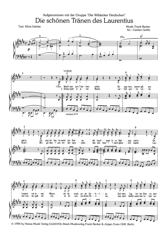 Die sch ouml nen Tr auml nen des Laurentius (Klavier + Gesang) (Klavier Gesang  Gitarre) von Die Wildecker Herzbuben