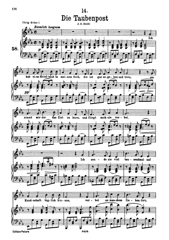 Die Taubenpost D.957-14 (Schwanengesang) (Gesang tief + Klavier) (Klavier  Gesang tief) von Franz Schubert