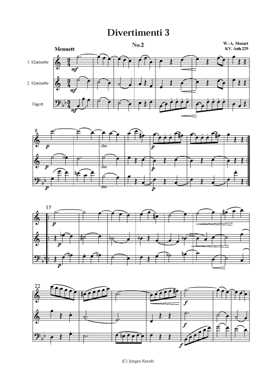 Divertimenti 3.2 KV. Anhang 229 (Trio 2x KLAR + Fagott) (Trio (Holzbl ser)) von W.-A. Mozart