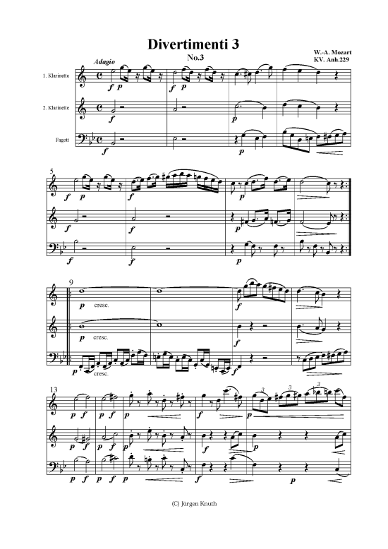 Divertimenti 3.3  KV. Anh.229 (Trio 2x KLAR Fagott) (Trio (Holzbl ser)) von W.-A. Mozart