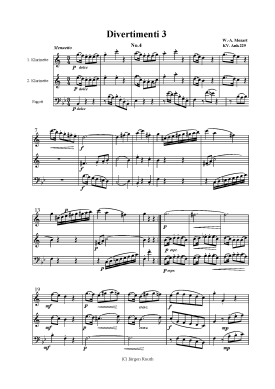 Divertimenti 3.4 KV. Anhang 229 (Trio 2x KLAR + Fagott) (Trio (Holzbl ser)) von W.-A. Mozart
