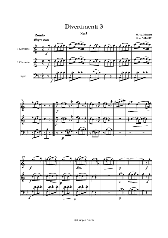 Divertimenti 3.5 KV. Anhang 229 (Trio 2x KLAR + Fagott) (Trio (Holzbl ser)) von W.-A. Mozart