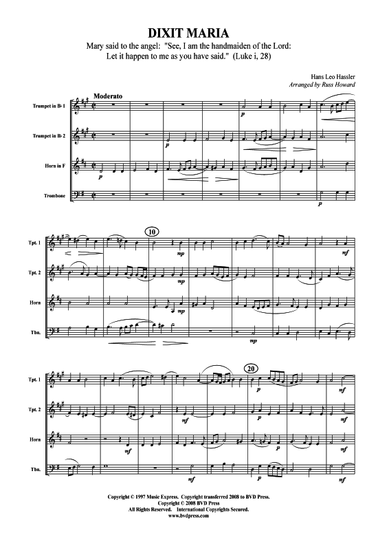 Dixit Maria (2xTromp in B Horn in F (Pos) Pos) (Quartett (Blech Brass)) von Hans Leo Hassler