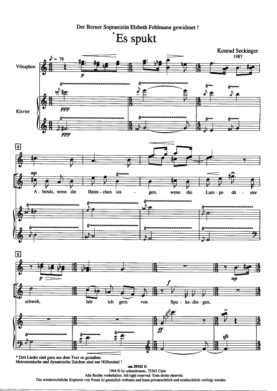 Drei Lieder (Sopran Schlagwerk + Klavier) (Klavier  Sopran) von Konrad Seckinger (Texte Wilhelm Busch)