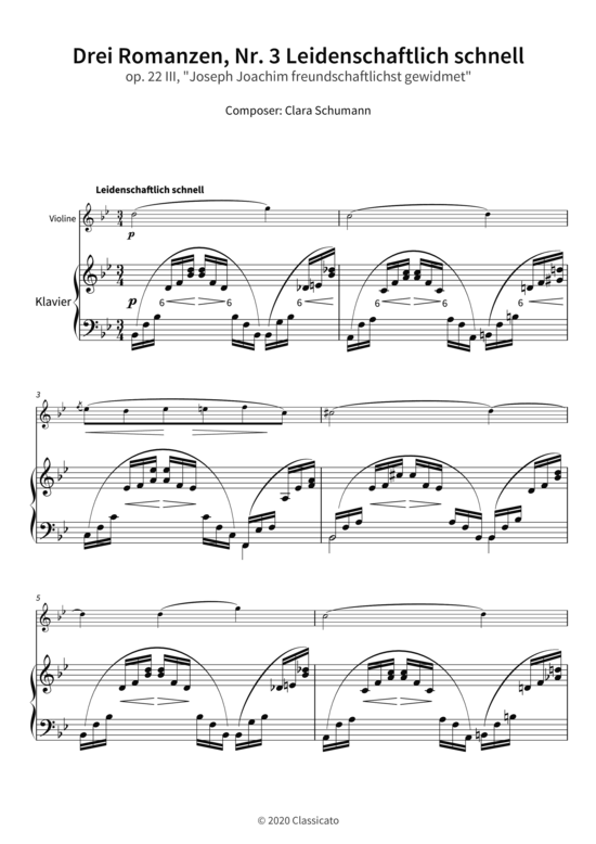 Drei Romanzen Nr. 3 Leidenschaftlich schnell - op. 22 III Joseph Joachim freundschaftlichst gewidmet (Violine + Klavier) (Klavier  Violine) von Clara Schumann