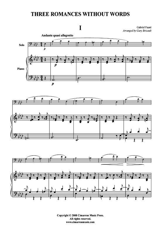 Drei Romanzen ohne Worte (Bariton Pos + Klavier) (Klavier  Bariton (Posaune)) von Gabriel Faure