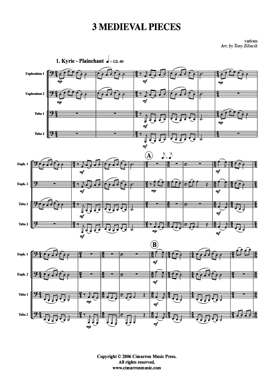 Drei St uuml cke aus dem Mittelalter (Tuba Quartett 2x Bariton 2xTuba) (Quartett (Tuba)) von Plainchant Lassus Palestrina
