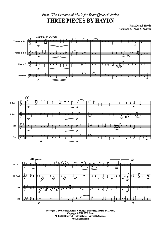 Drei St cke von Haydn (2xTromp in B Horn in F (Pos) Pos) (Quartett (Blech Brass)) von Joseph Haydn
