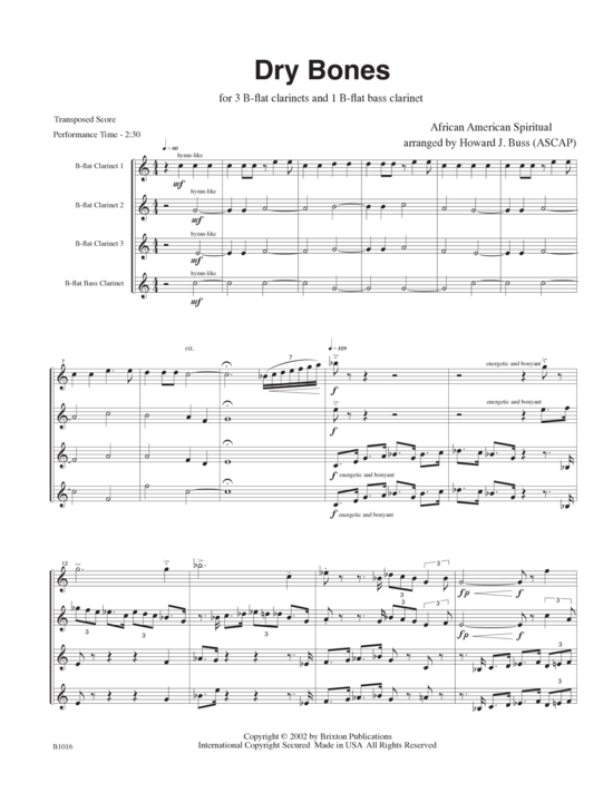 Dry Bones (3 Klarinetten in B und eine Bassklarinette) (Quartett (Klarinette)) von Traditional African American Spiritual