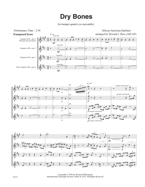 Dry Bones (3 Trompeten in B und 1 Basstrompete Posaune) (Quartett (Trompete)) von Traditional African American Spiritual
