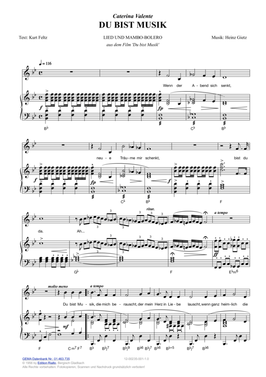 Du bist Musik (Klavier + Gesang) (Klavier Gesang  Gitarre) von Caterina Valente
