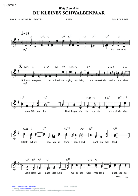 Du kleines Schwalbenpaar (Melodie-Stimmen in C B Es) (Stimmen in C B Es) von Willy Schneider