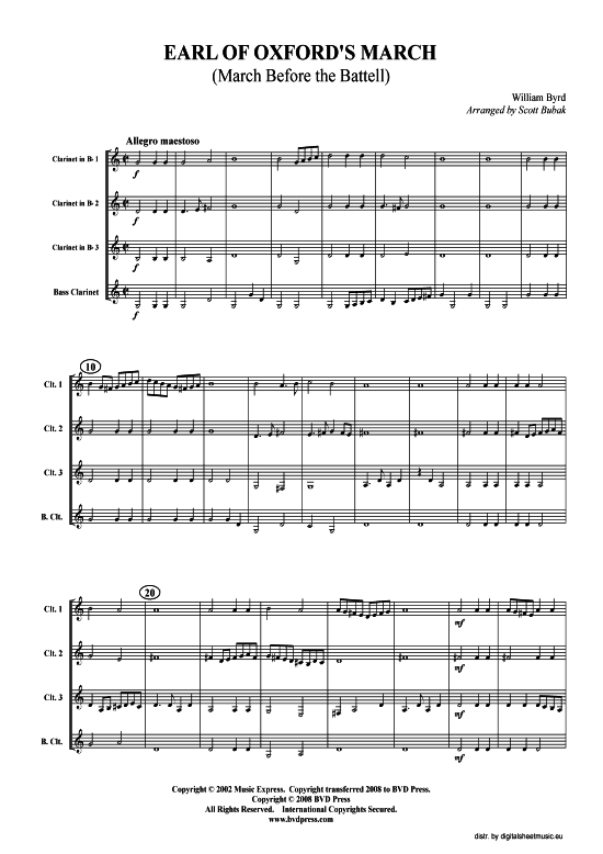 Earl of Oxford s March (3xKLAR in B Bass-KLAR) (Quartett (Klarinette)) von Byrd (arr. Bubak)