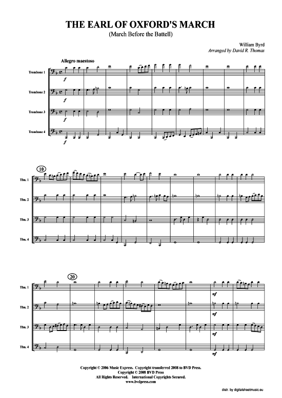 Earl of Oxfords Marsch (Posaunen-Quartett) (Quartett (Posaune)) von William Byrd (arr. Thomas)