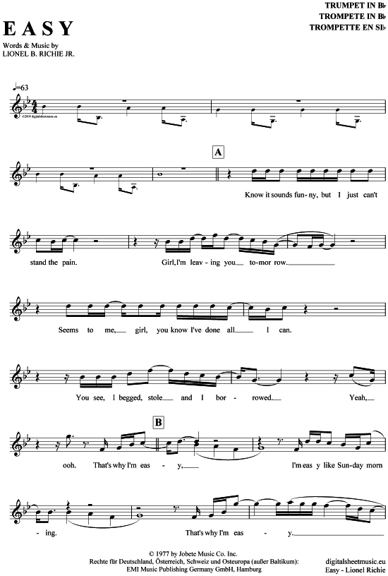 Easy (Trompete in B) (Trompete) von Lionel Richie - The Commodores