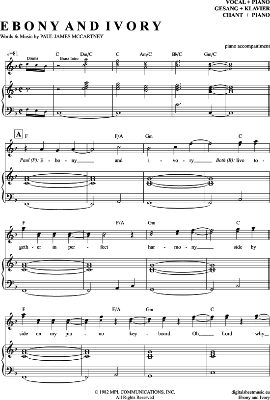 Ebony And Ivory (Klavier Begleitung + Gesang) (Klavier Gesang  Gitarre) von Paul Mccartney Stevie Wonder